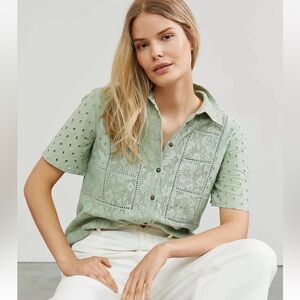 Anthropologie Forever That‎ Girl Green Fern Eyelet Lace Buttondown